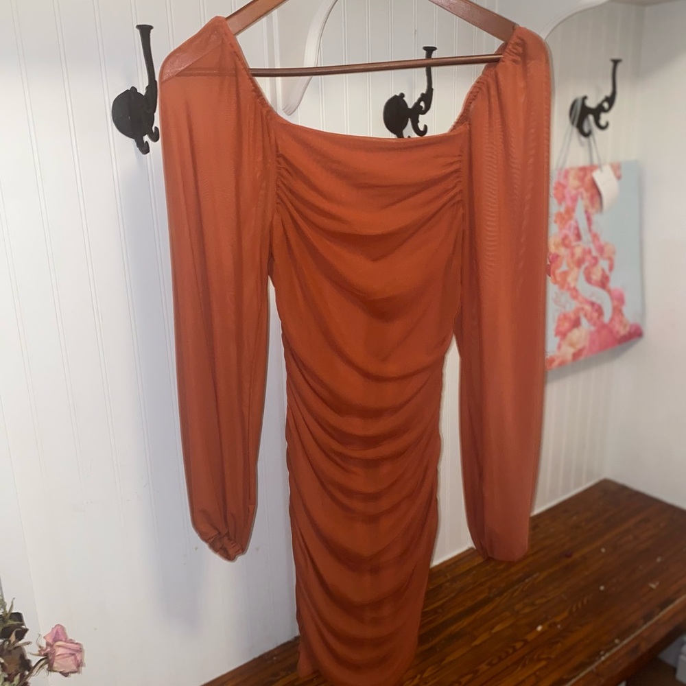 Ruched Long-Sleeve Women's Dress in Rust Orange